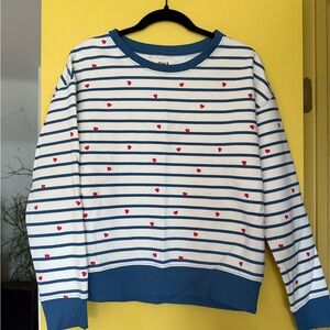 Pact 100% organic cotton, Striped Blue and White Sweater with Red Hearts